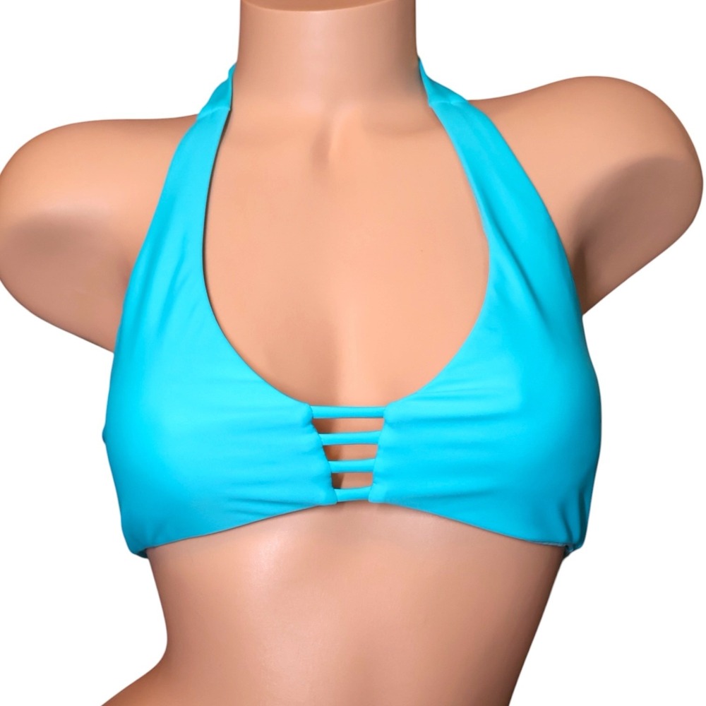 Raisins Hawaii Halter Bikini Top M Aqua Cage Front Tie Back Coastal NWT